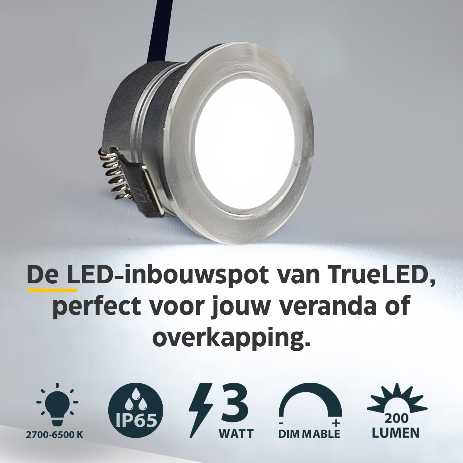 LED Inbouwspots veranda & overkapping - Warm wit 2700K - Dimbaar - Set 4 tot 12 stuks - TrueLED Prestige Silver
