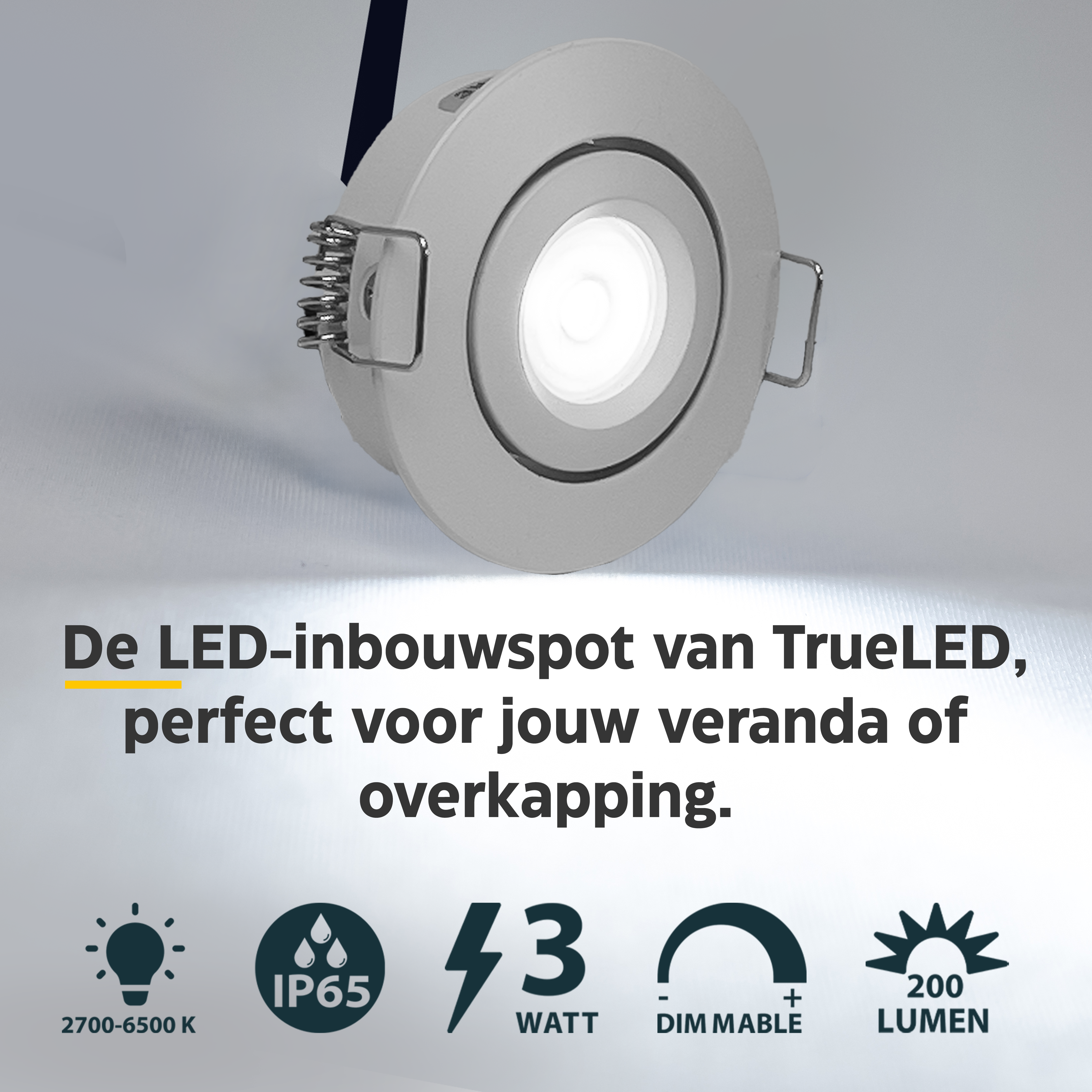 LED Inbouwspots veranda & overkapping - Kantelbaar - Warm wit 2700K - Dimbaar - Set 4 tot 12 stuks - TrueLED Grand White