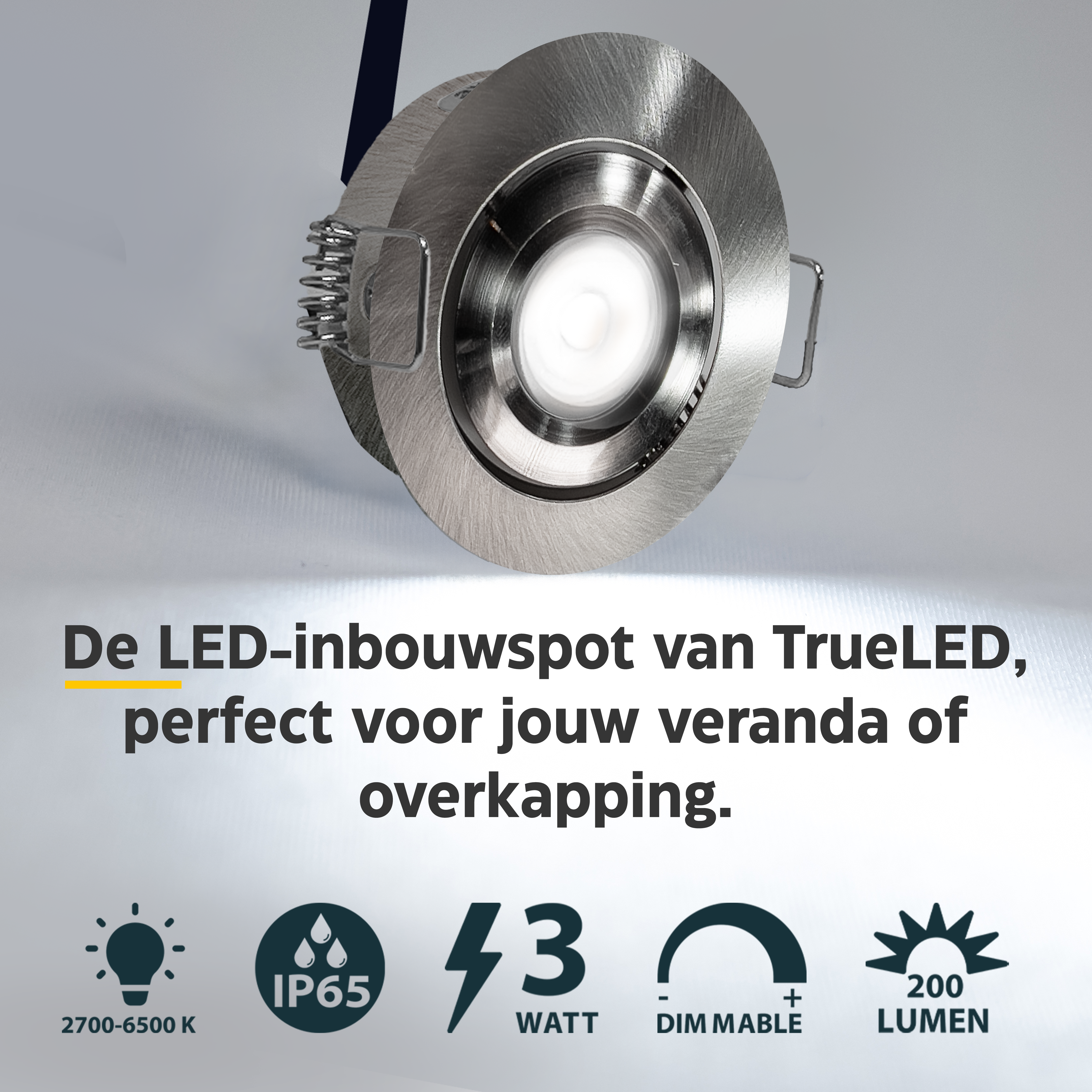 LED Inbouwspot veranda & overkapping - Kantelbaar - Warm wit 2700K - Dimbaar - Enkel - TrueLED Grand Chrome