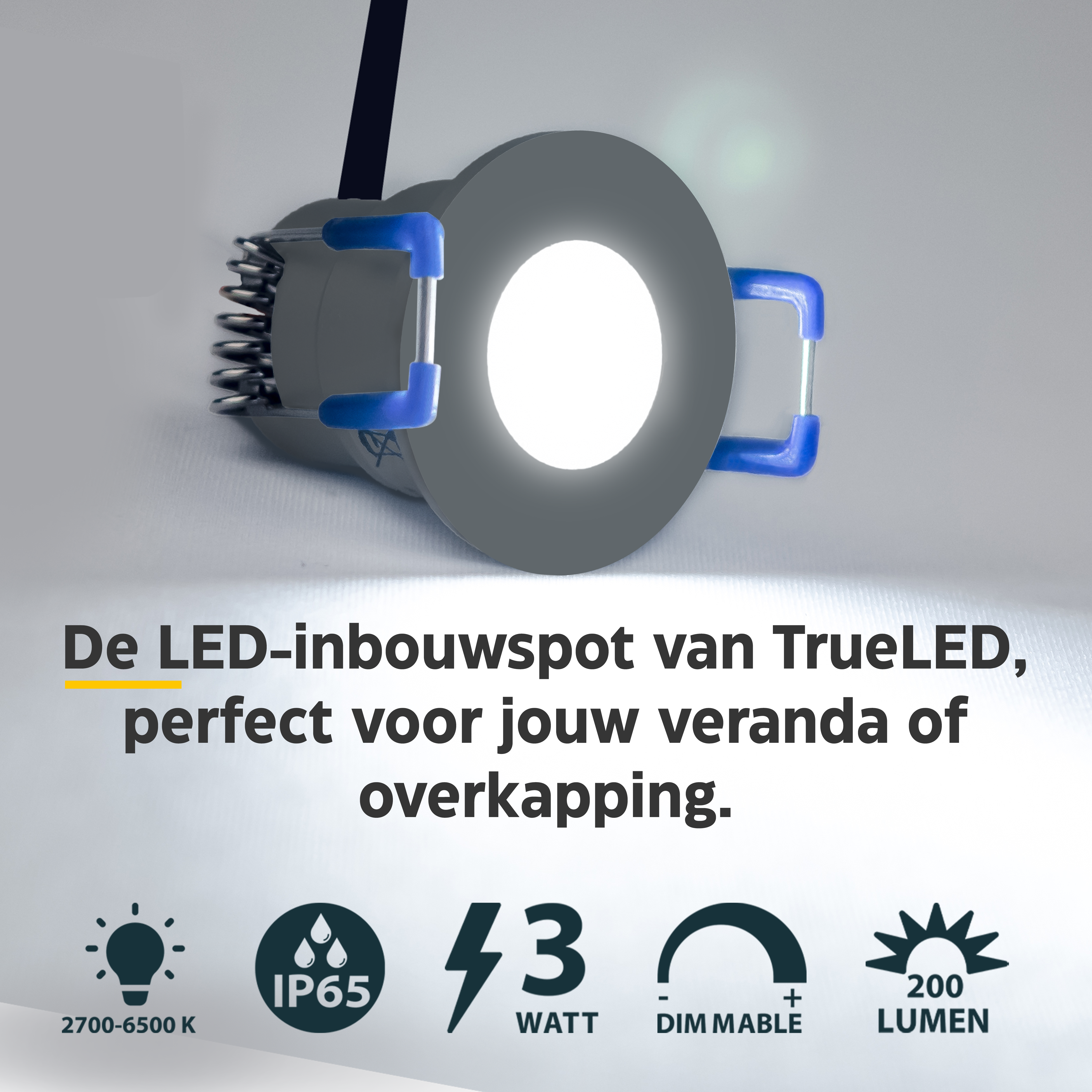LED Inbouwspots veranda & overkapping - Warm wit 2700K - Dimbaar - Set 4 tot 12 stuks - TrueLED Compact Gray