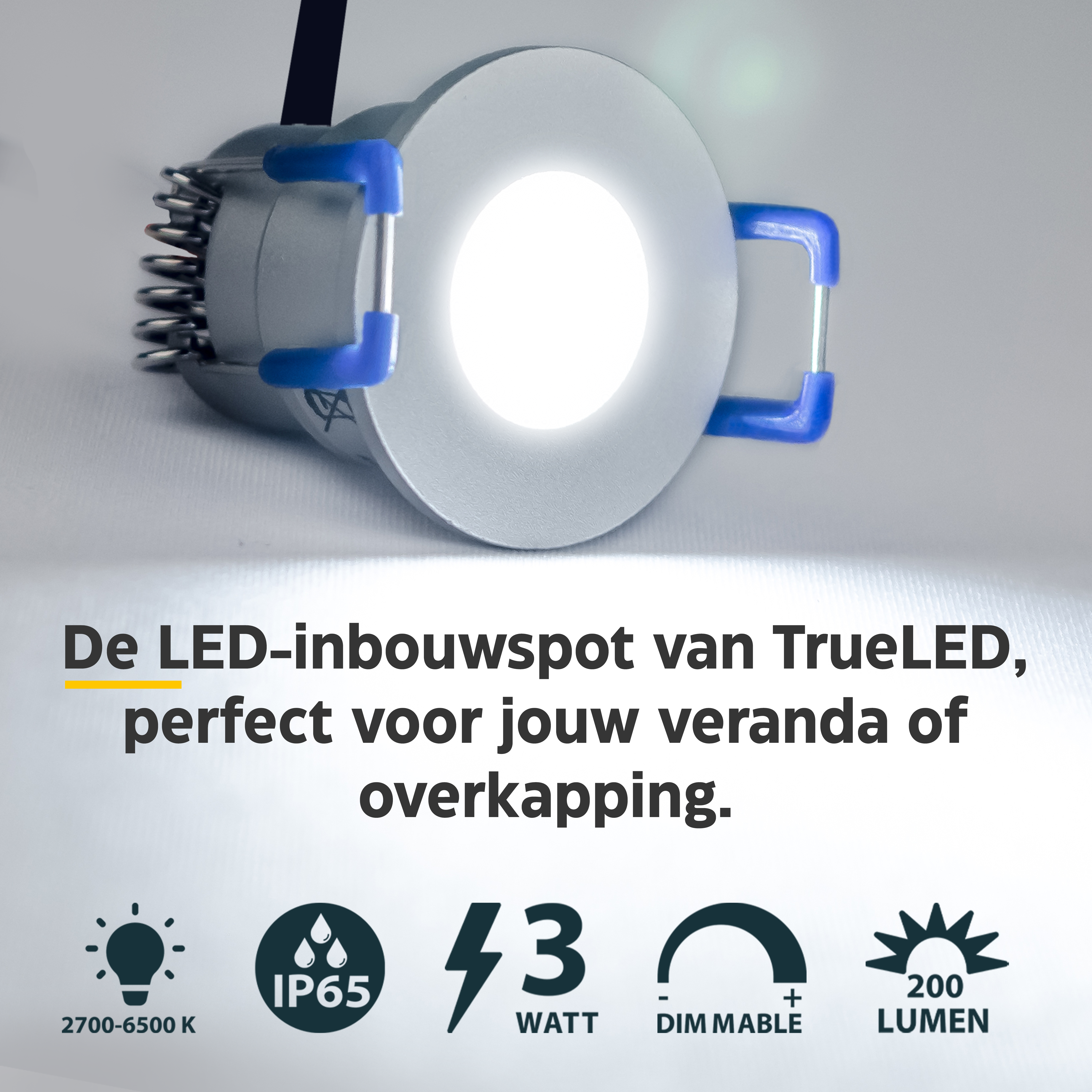 LED Inbouwspots veranda & overkapping - Warm wit 2700K - Dimbaar - Set 4 tot 12 stuks - TrueLED Compact Silver