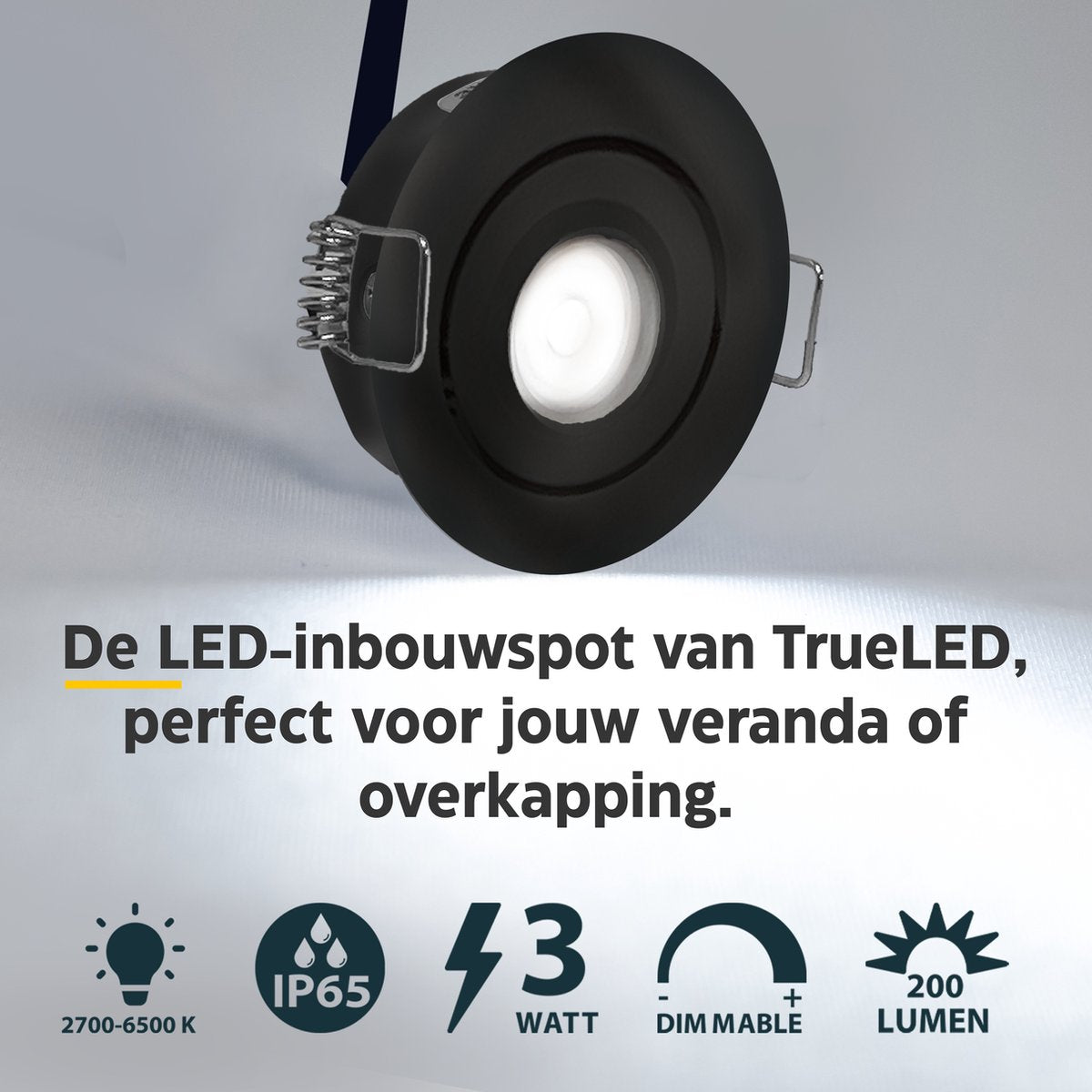 LED Inbouwspots veranda & overkapping - Kantelbaar - Warm wit 2700K - Dimbaar - Set 4 tot 12 stuks - TrueLED Grand Black