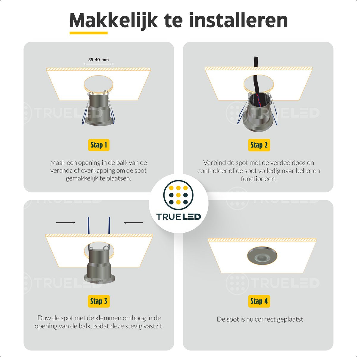 LED Inbouwspots veranda & overkapping - Warm wit 2700K - Dimbaar - Set 4 tot 12 stuks - TrueLED Compact Black