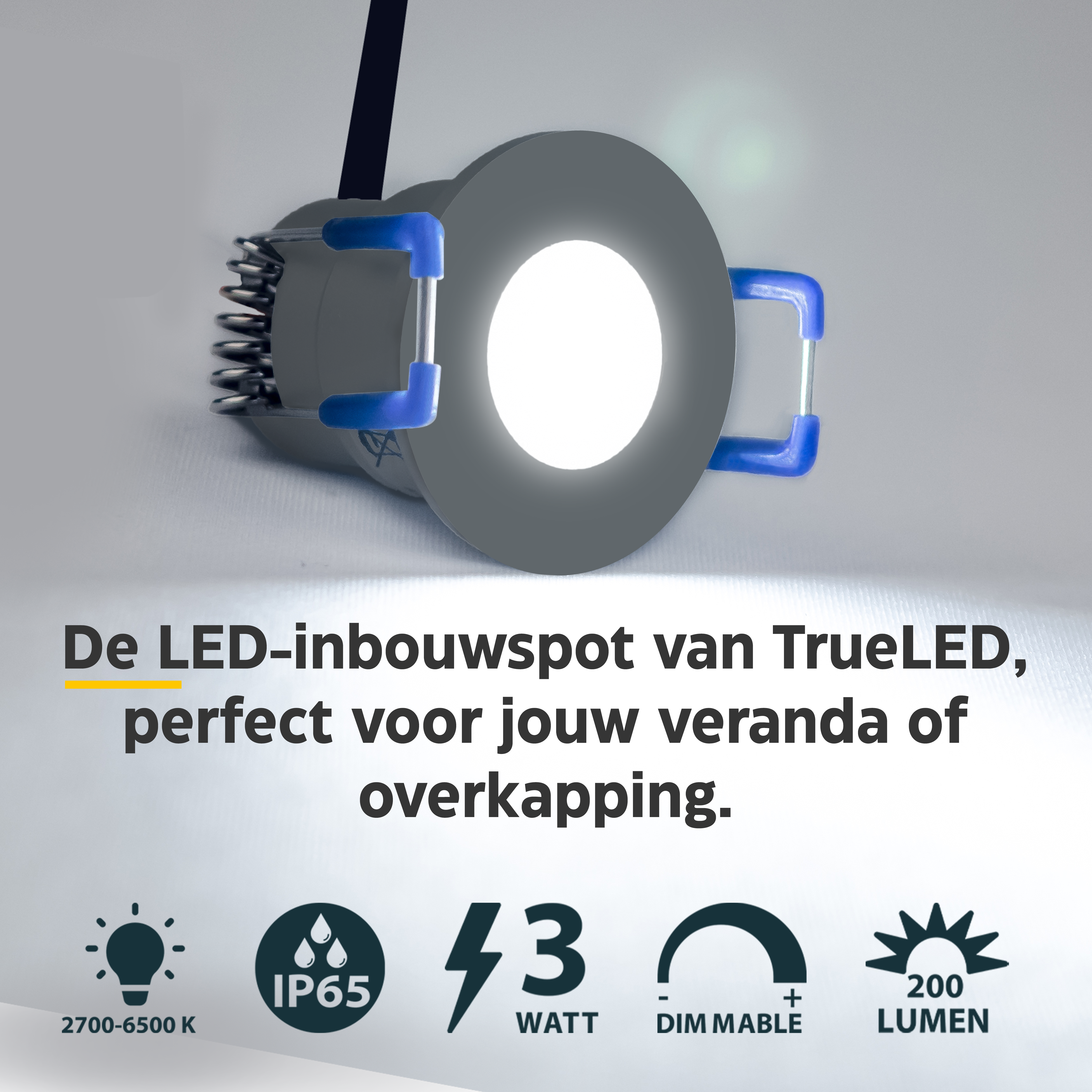 LED Inbouwspot veranda & overkapping - Warm wit 2700K - Dimbaar - Enkel - TrueLED Compact Gray