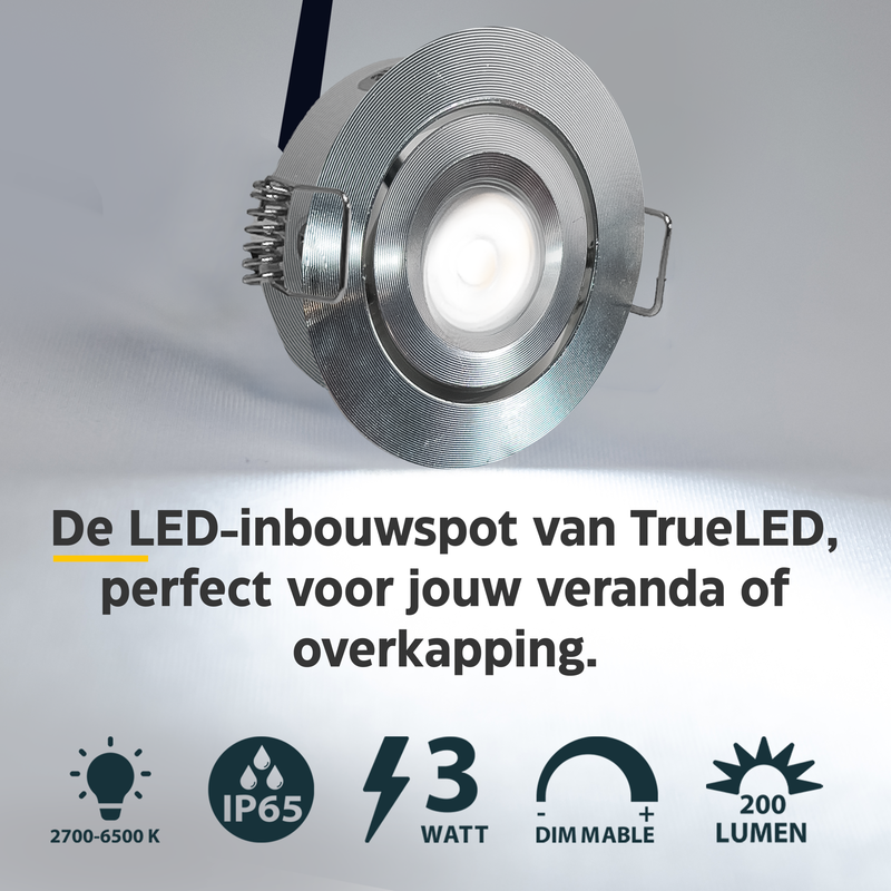 LED Inbouwspots veranda & overkapping - Kantelbaar - Warm wit 2700K - Dimbaar - Set 4 tot 12 stuks - TrueLED Grand Silver