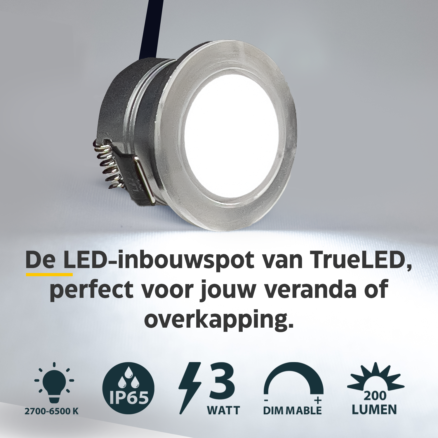 LED Inbouwspot veranda & overkapping - Warm wit 2700K - Dimbaar - Enkel - TrueLED Prestige Silver