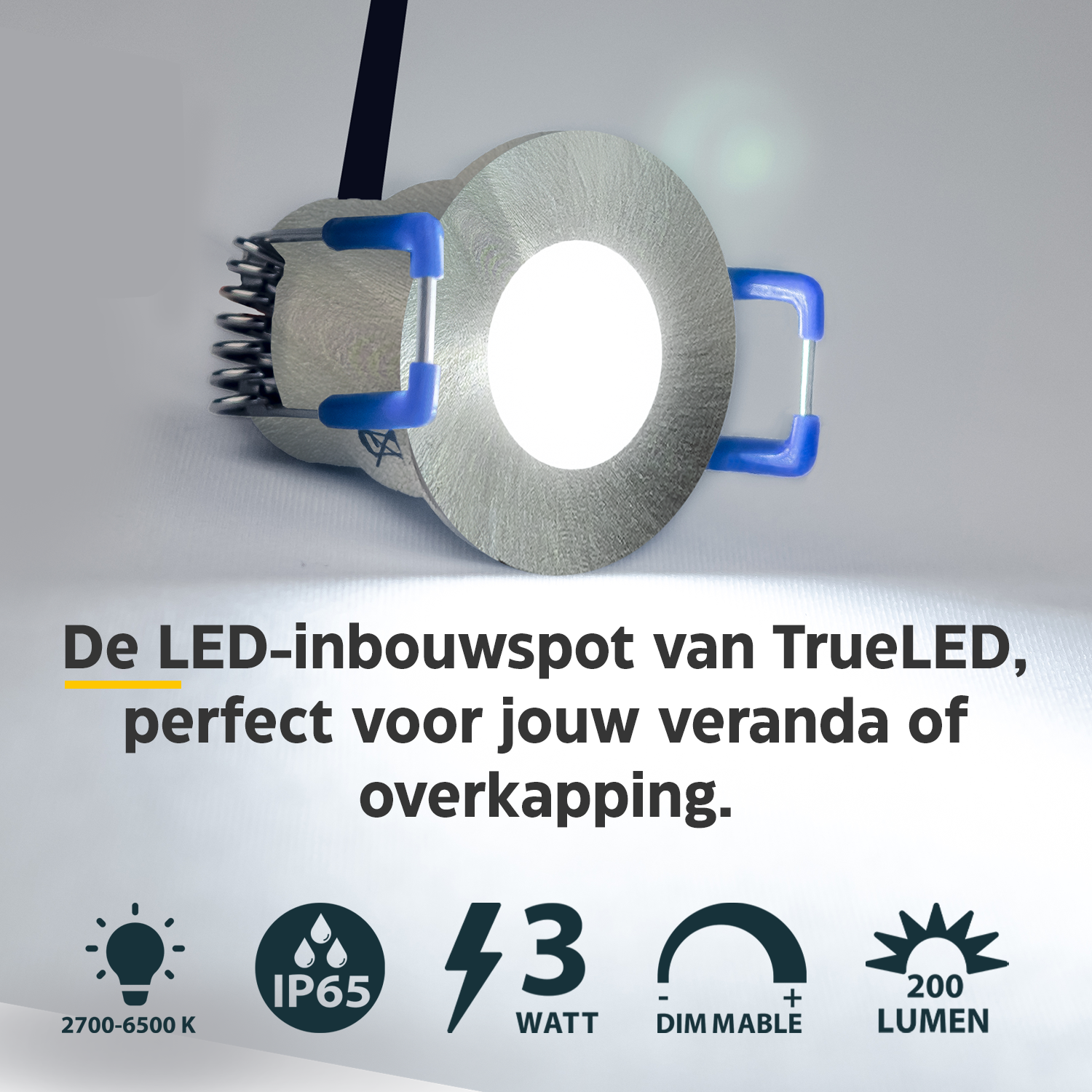 LED Inbouwspot veranda & overkapping - Warm wit 2700K - Dimbaar - Enkel - TrueLED Compact Chrome