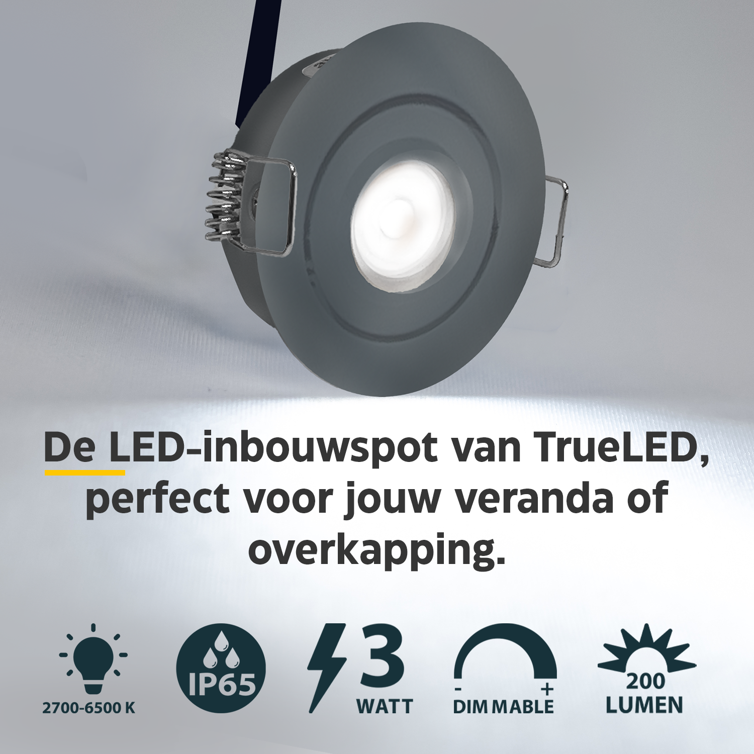 LED Inbouwspot veranda & overkapping - Kantelbaar - Warm wit 2700K - Dimbaar - Enkel - TrueLED Grand Gray