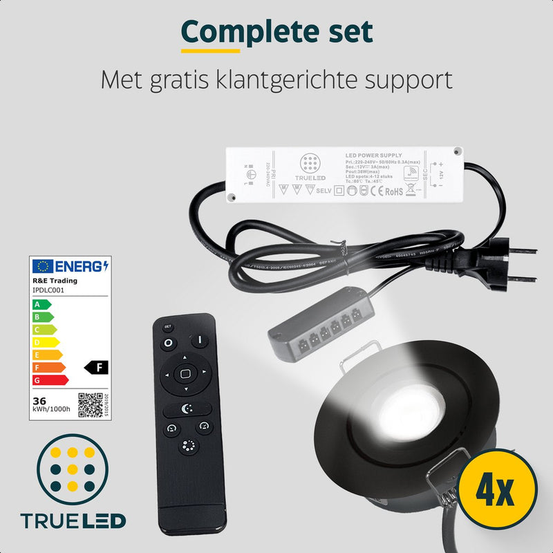 LED Inbouwspots veranda & overkapping - Kantelbaar - Warm wit 2700K - Dimbaar - Set 4 tot 12 stuks - TrueLED Grand Black